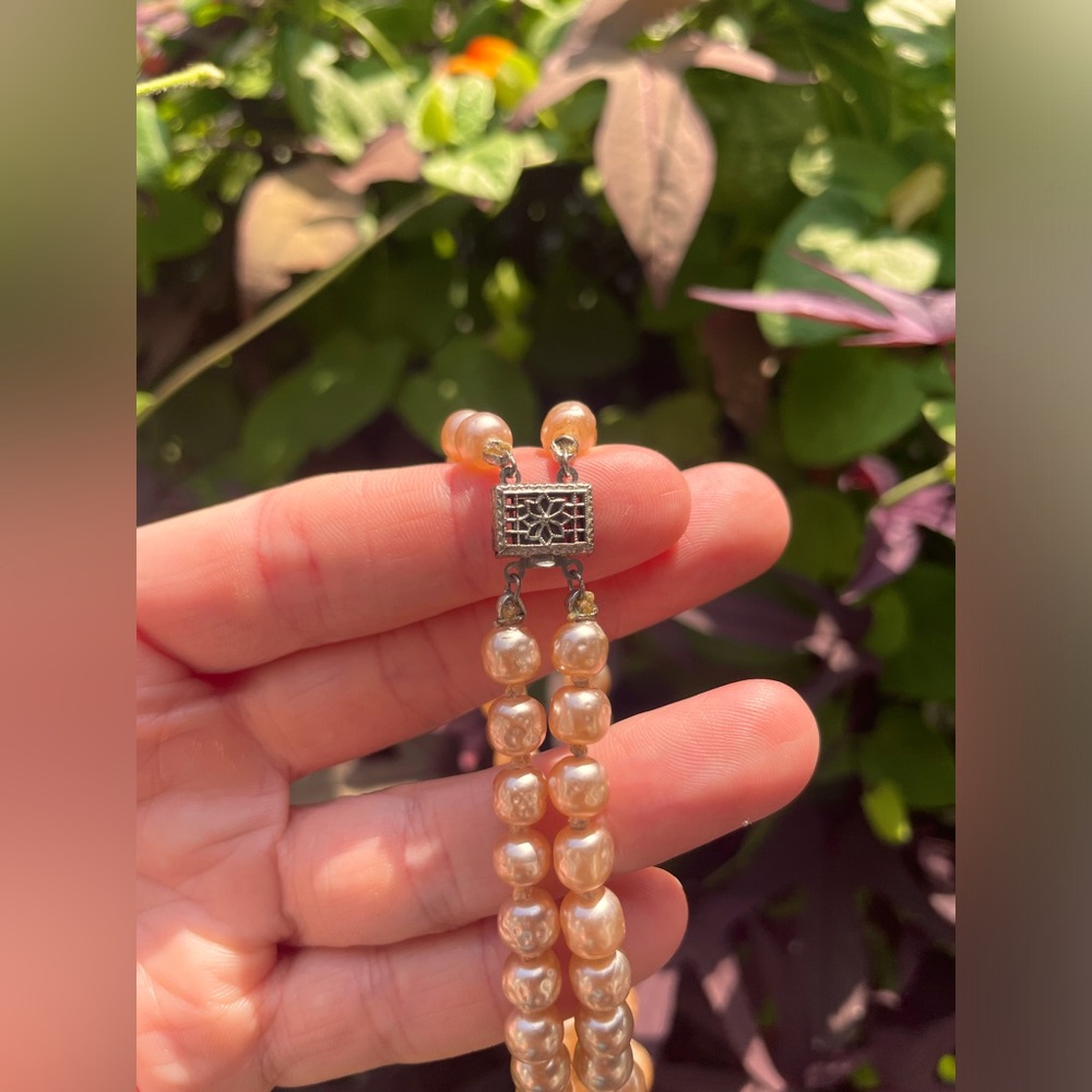 Vintage Glass Peach Pearl Multi Strand  Necklace (13.25” length)